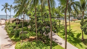 A tropical resort with palm trees, a pathway, and a beach view.