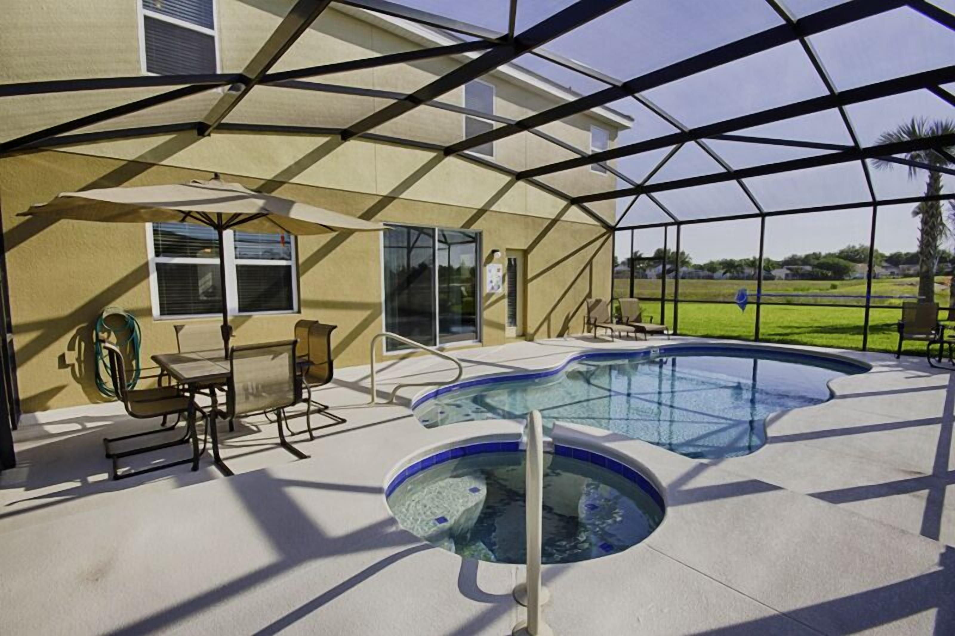A heated pool, pool loungers