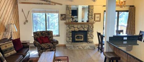 Televisión, chimenea, reproductor de DVD