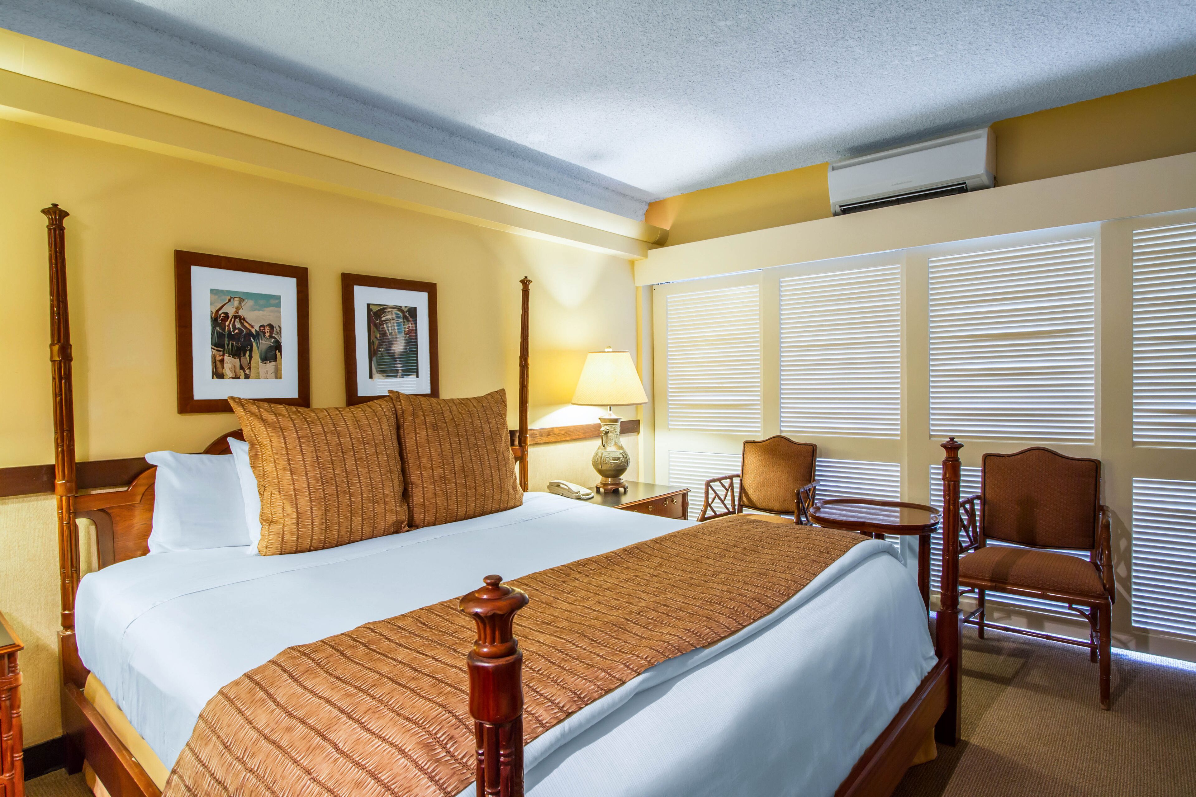 A hotel room with a large bed, two framed pictures on the wall, a bedside table with a lamp, a chair, and a window with blinds.