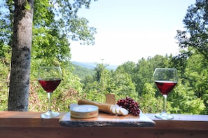 Deux verres de vin rouge, un plateau de fromages et des raisins sur une table en bois, avec une vue panoramique.