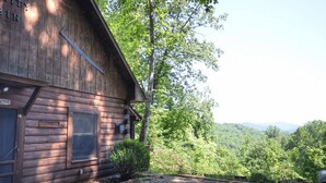 Eine rustikale Holzhütte mit großem Fenster und Tür, umgeben von einem Schotterweg und üppiger Vegetation.
