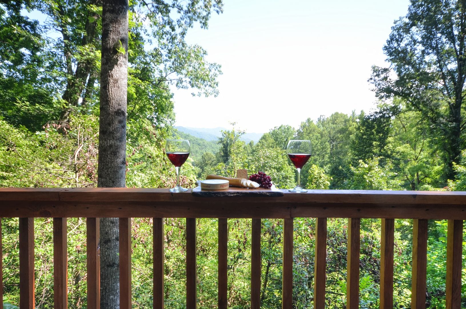 A wooden deck with a scenic view of a forest and mountains.
