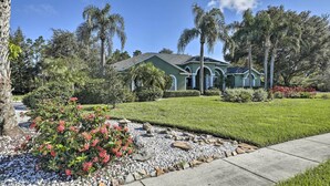 A residential house with a well-maintained lawn, palm trees, and a garden with red flowers. - Luxurious Home w/ Private Pool & Lanai Near Tampa! (Tampa)