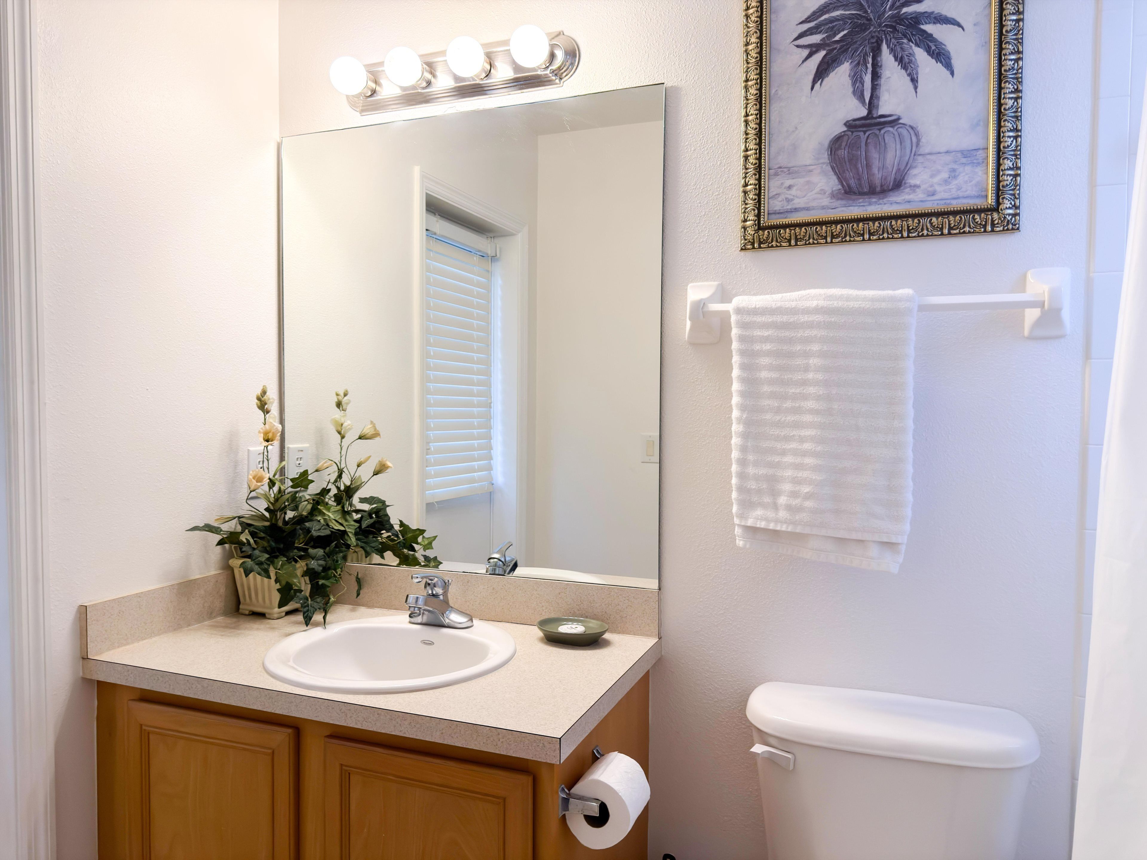 A bathroom with a sink, mirror, toilet, towel rack, and a framed picture on the wall.