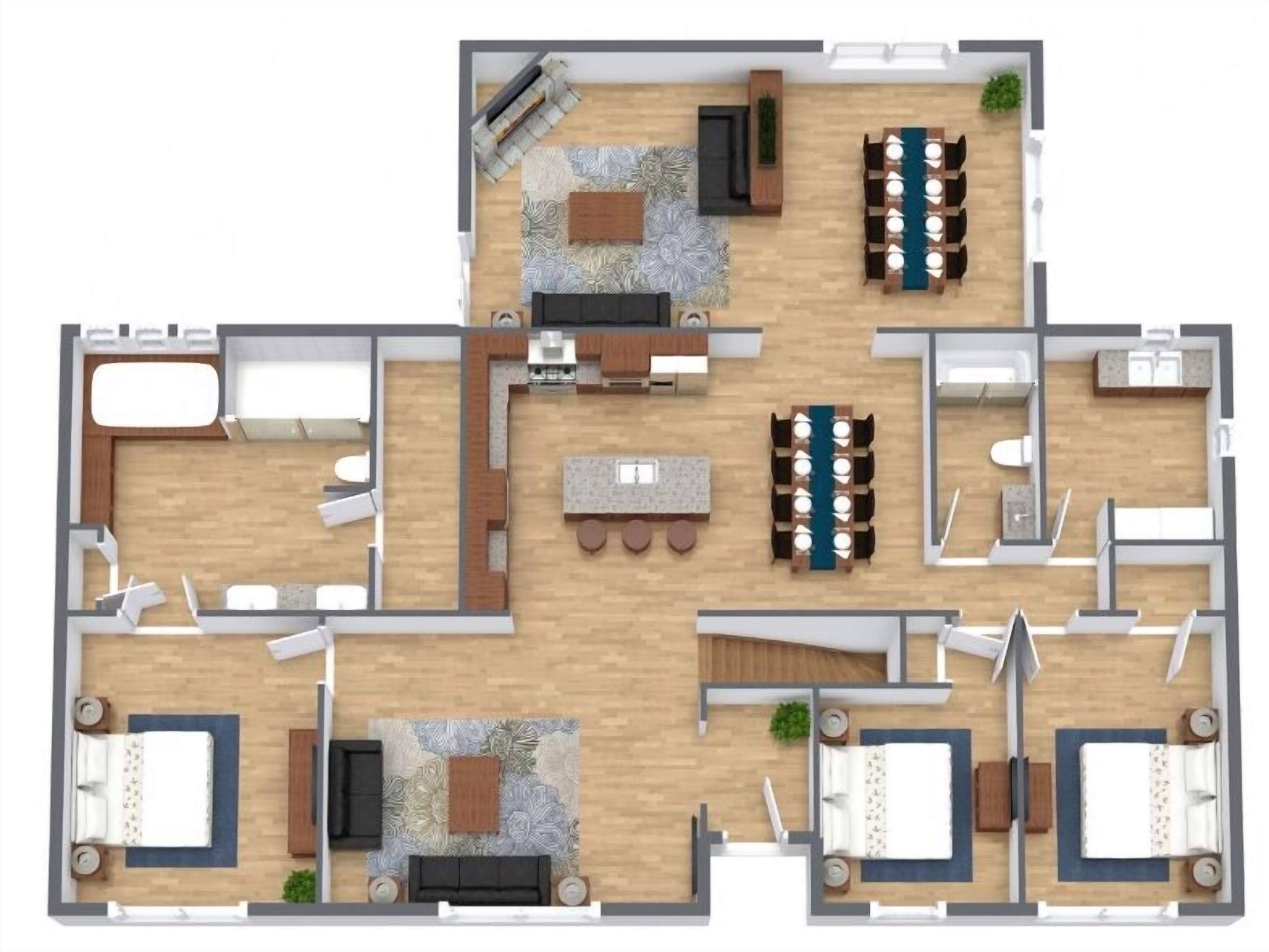 A hotel layout with multiple bedrooms, a dining area, a kitchen, and a living area.