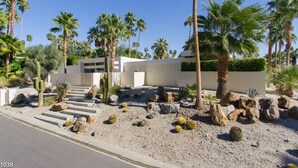 Una casa moderna con jardín desértico, palmeras y cactus.
