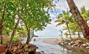 A beach with a rocky shoreline, palm trees, and a clear sky.