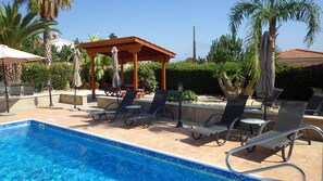 A heated pool, pool loungers