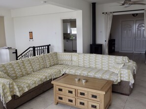 Smart-TV, peis, DVD-spiller og bøker