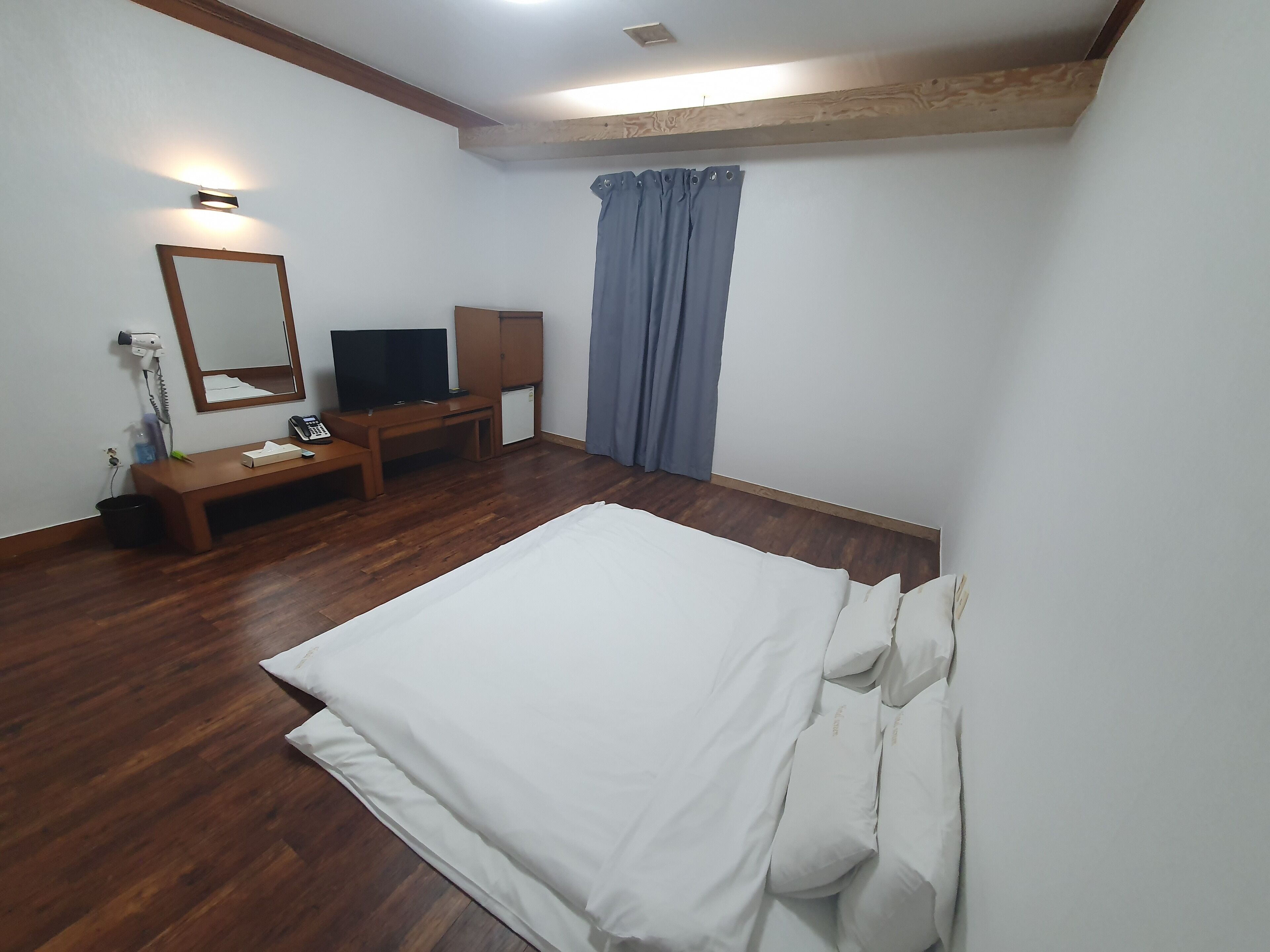 Une chambre à coucher avec un lit, un bureau, une télévision et un miroir.