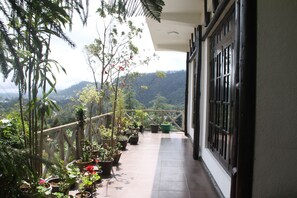 A balcony with potted plants and a view of a mountainous landscape. - chez allen (Nuwara Eliya)