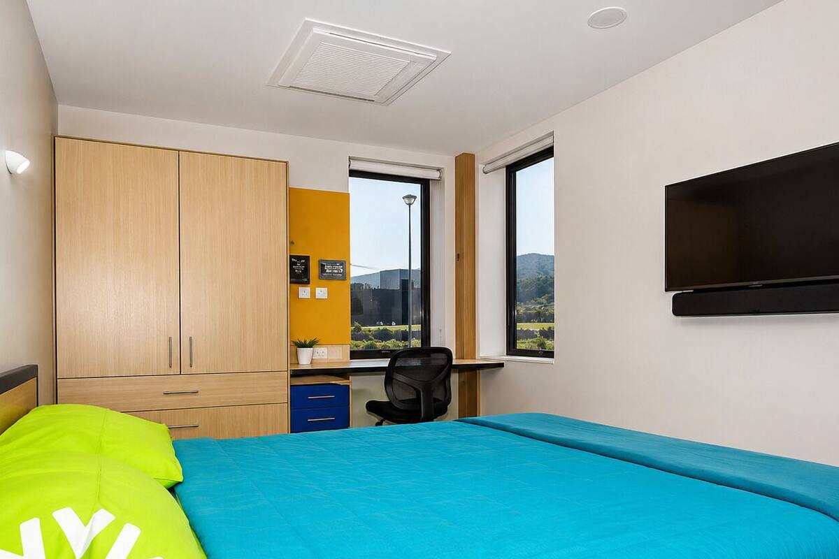 Ein Schlafzimmer mit Bett, Schreibtisch, Stuhl, Fernseher und Kleiderschrank.