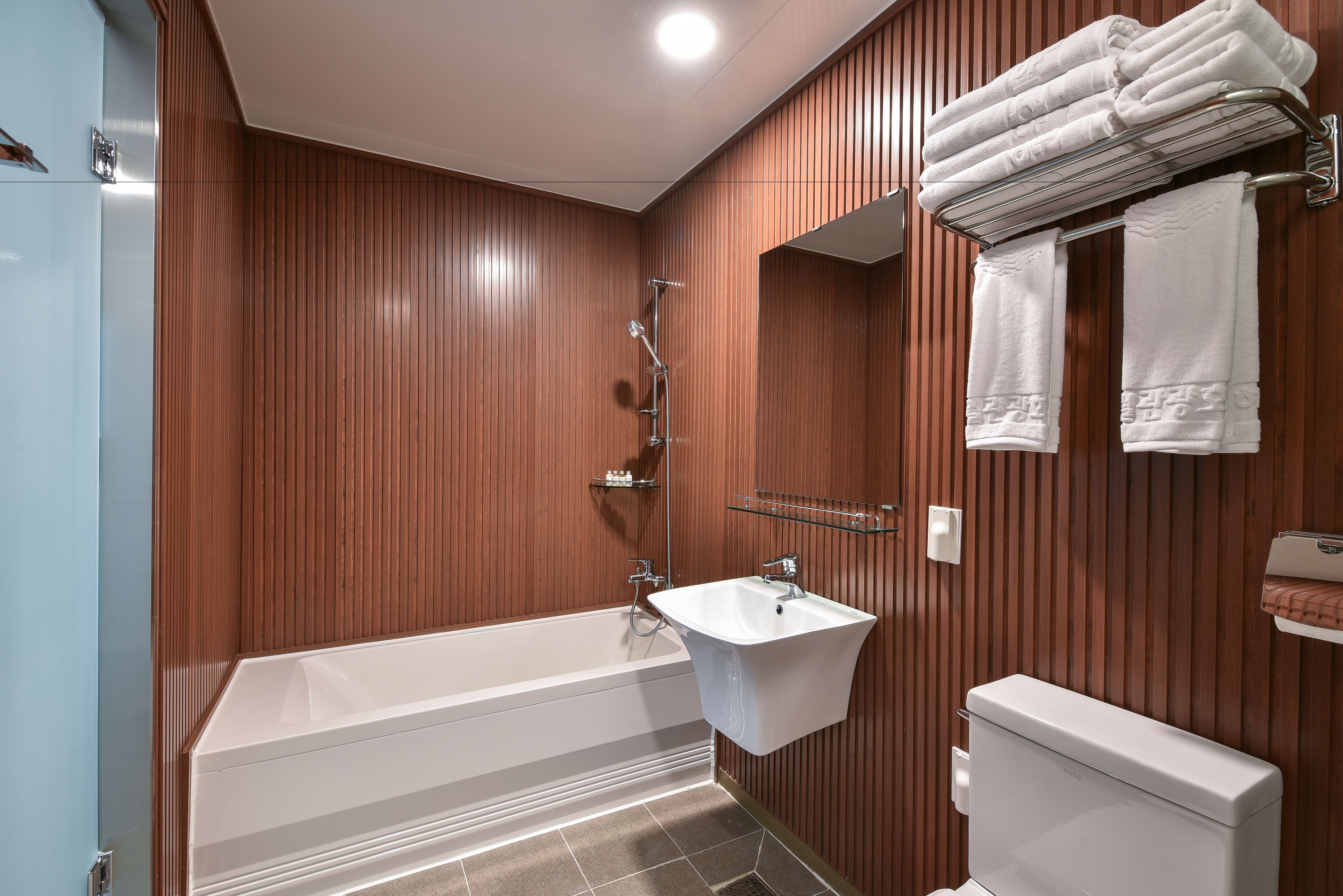 combined shower/bathtub, free toiletries, hair dryer, slippers