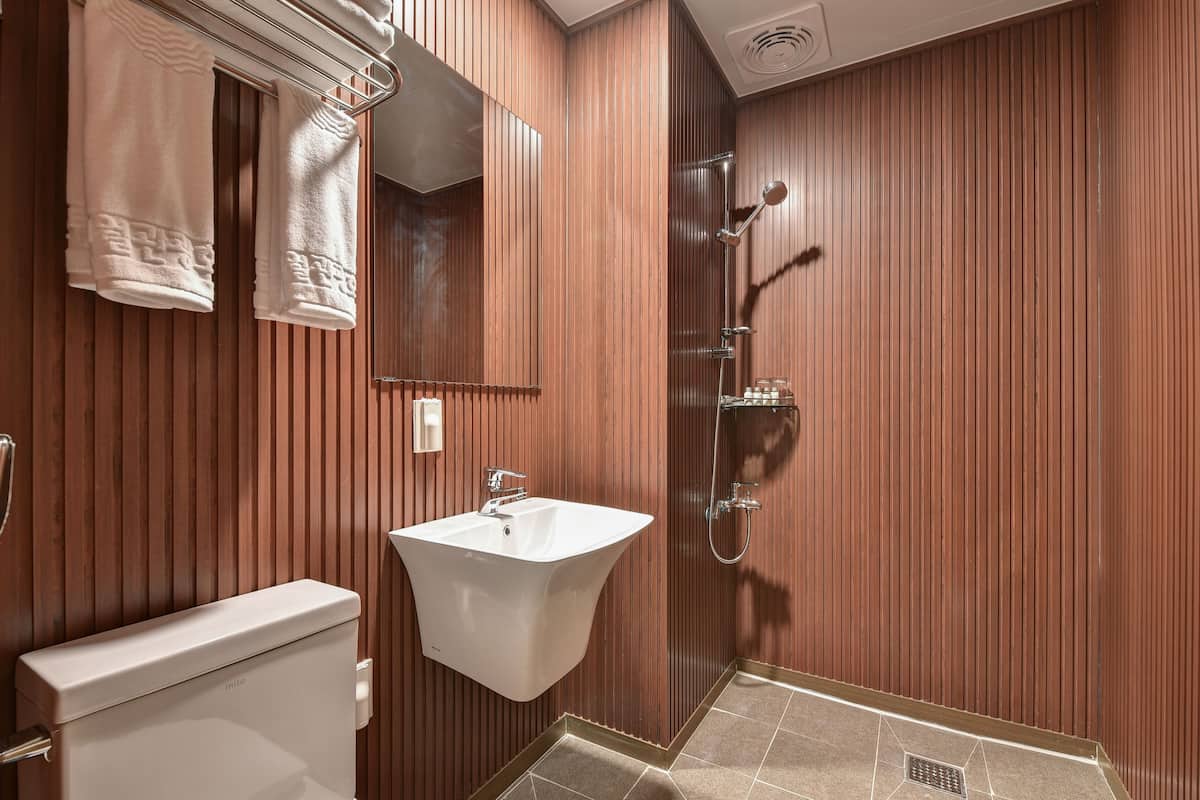 combined shower/bathtub, free toiletries, hair dryer, slippers