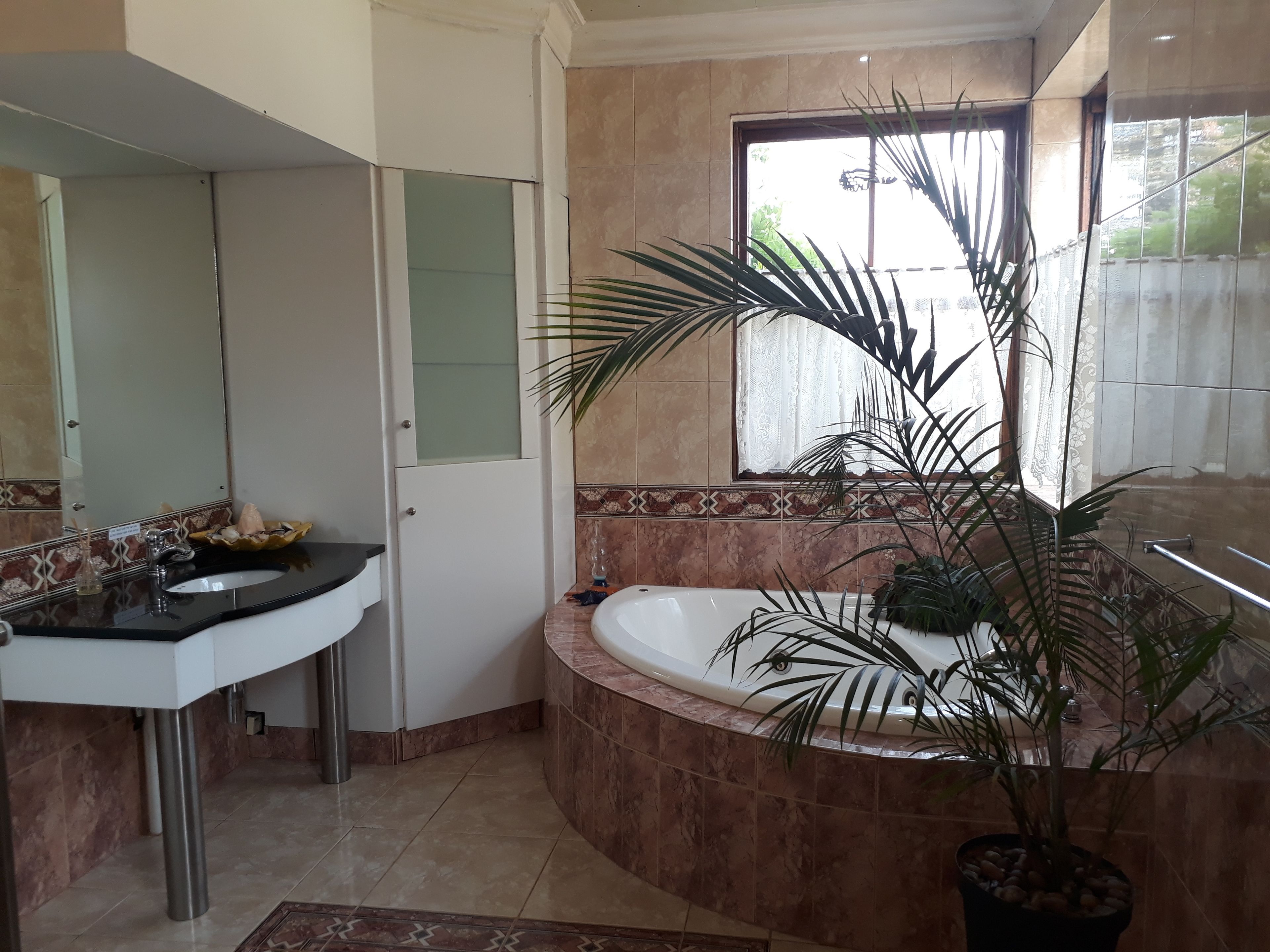 A bathroom with a sink, mirror, bathtub, and potted plants.