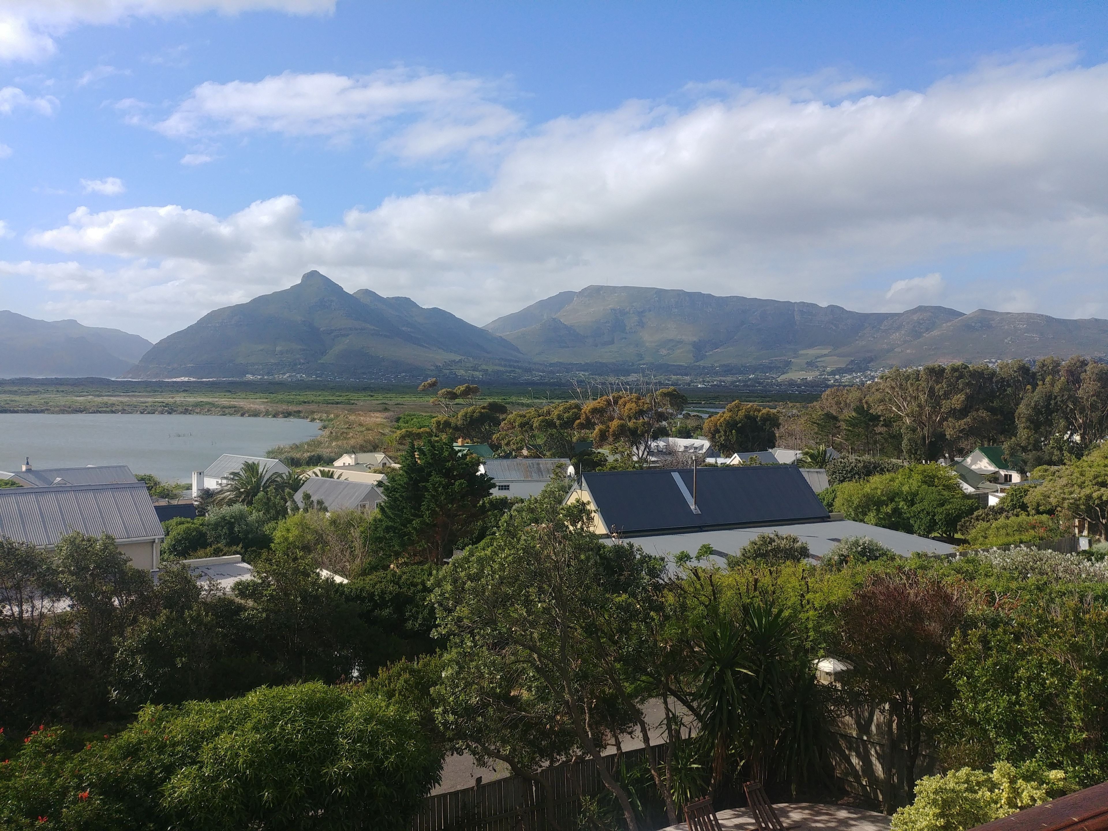 A residential area with houses, a lake, and mountains in the background.