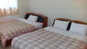 Two single beds with wooden headboards, a window with curtains, and a plain wall with a power outlet. - Skywater (Puli)