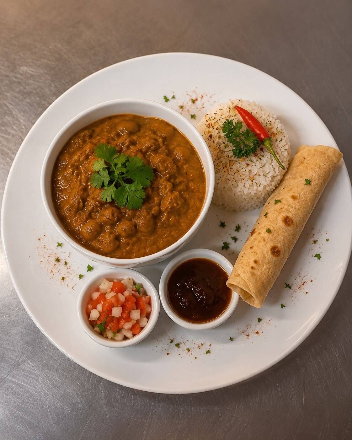 A plate with a bowl of curry, rice, a rolled flatbread, and two small bowls of chutney and diced vegetables.