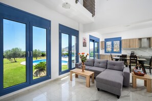 Superior Suite, 5 Bedrooms, Private Pool, Mountain View | Living area | Flat-screen TV, DVD player - Kolymbia Village (Rhodes)