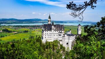 A large castle with multiple towers, surrounded by lush greenery and a lake in the background.