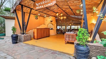 A camp with a thatched roof, wooden furniture, and potted plants.