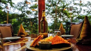 A dining table set with plates, cutlery, and a bottle, surrounded by chairs and cushions, with a natural backdrop.