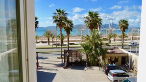Vista desde una ventana que da a un estacionamiento con palmeras, un pequeño quiosco y una playa al fondo.