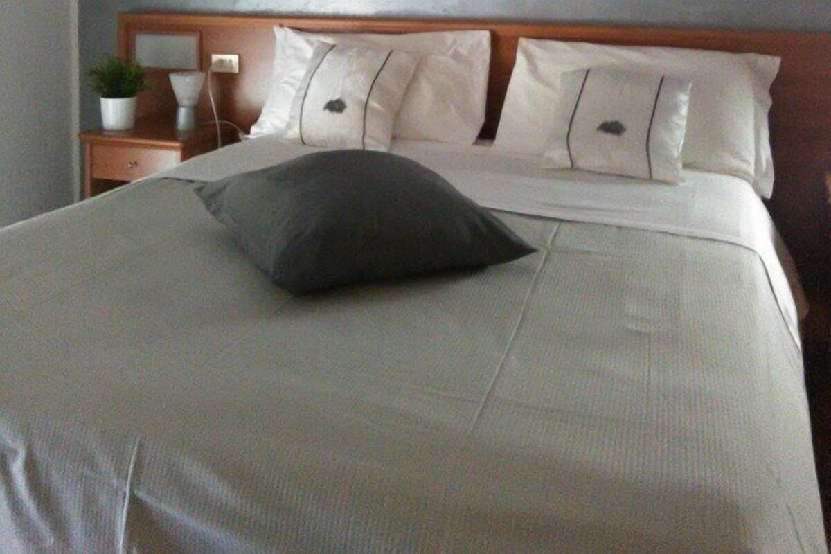 A neatly made bed with a dark pillow, a wooden headboard, and a wall-mounted picture of red apples.