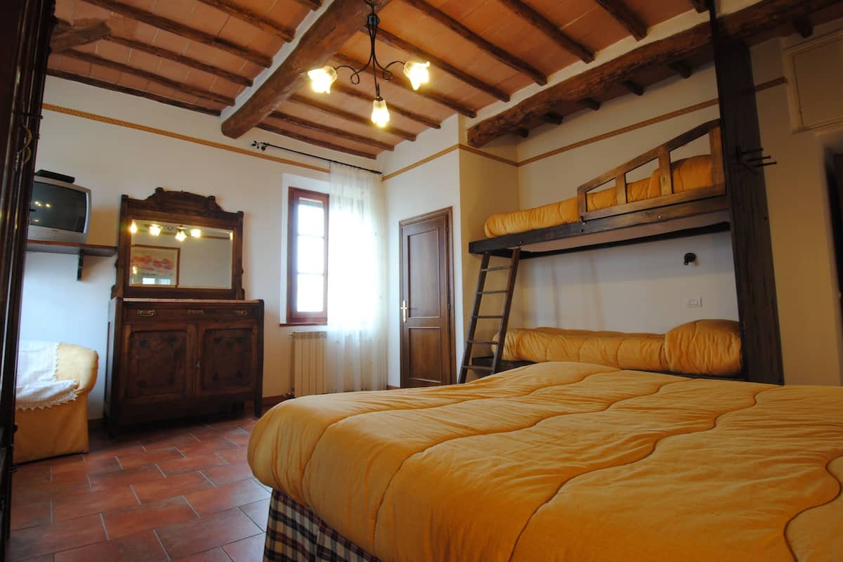 A bedroom with a large bed, a wooden bunk bed, a dresser, a television, and a mirror.