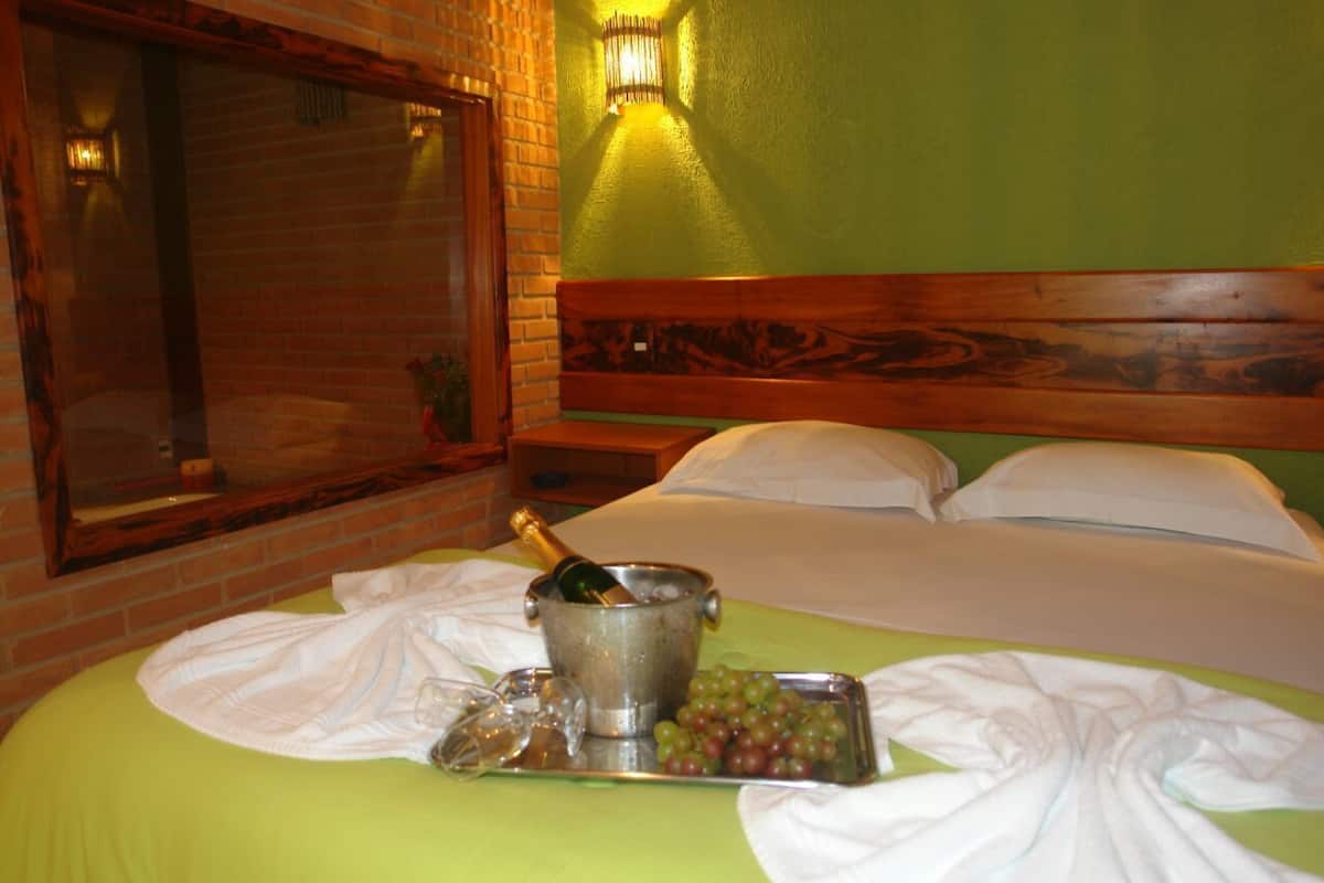 Ein Hotelzimmer mit einem Bett, einem Eimer mit einer Flasche und einer Ablage mit Trauben.