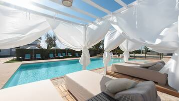 Seasonal outdoor pool, pool loungers