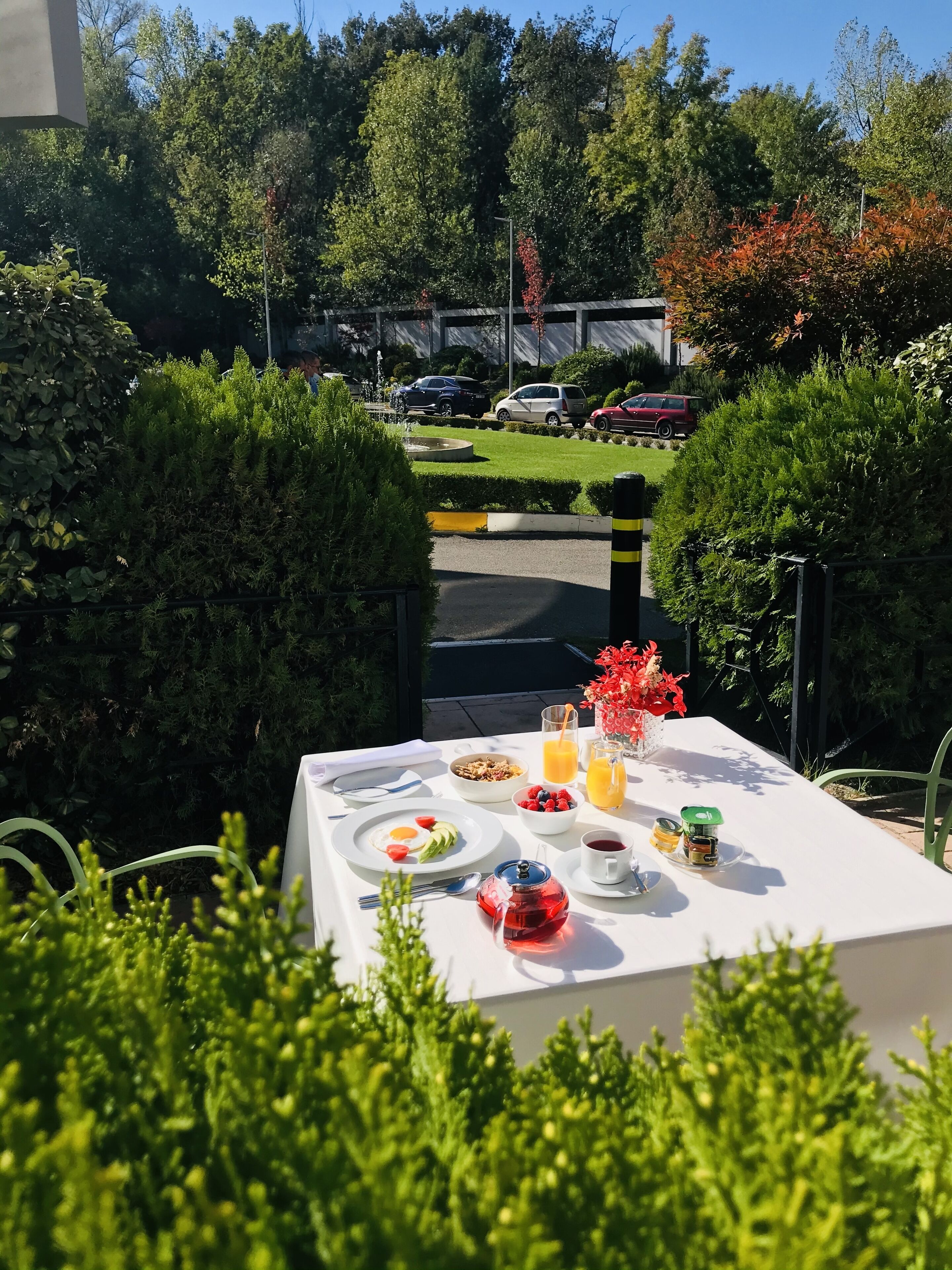 A table set for breakfast with food and drinks, surrounded by greenery and a parking area in the background.