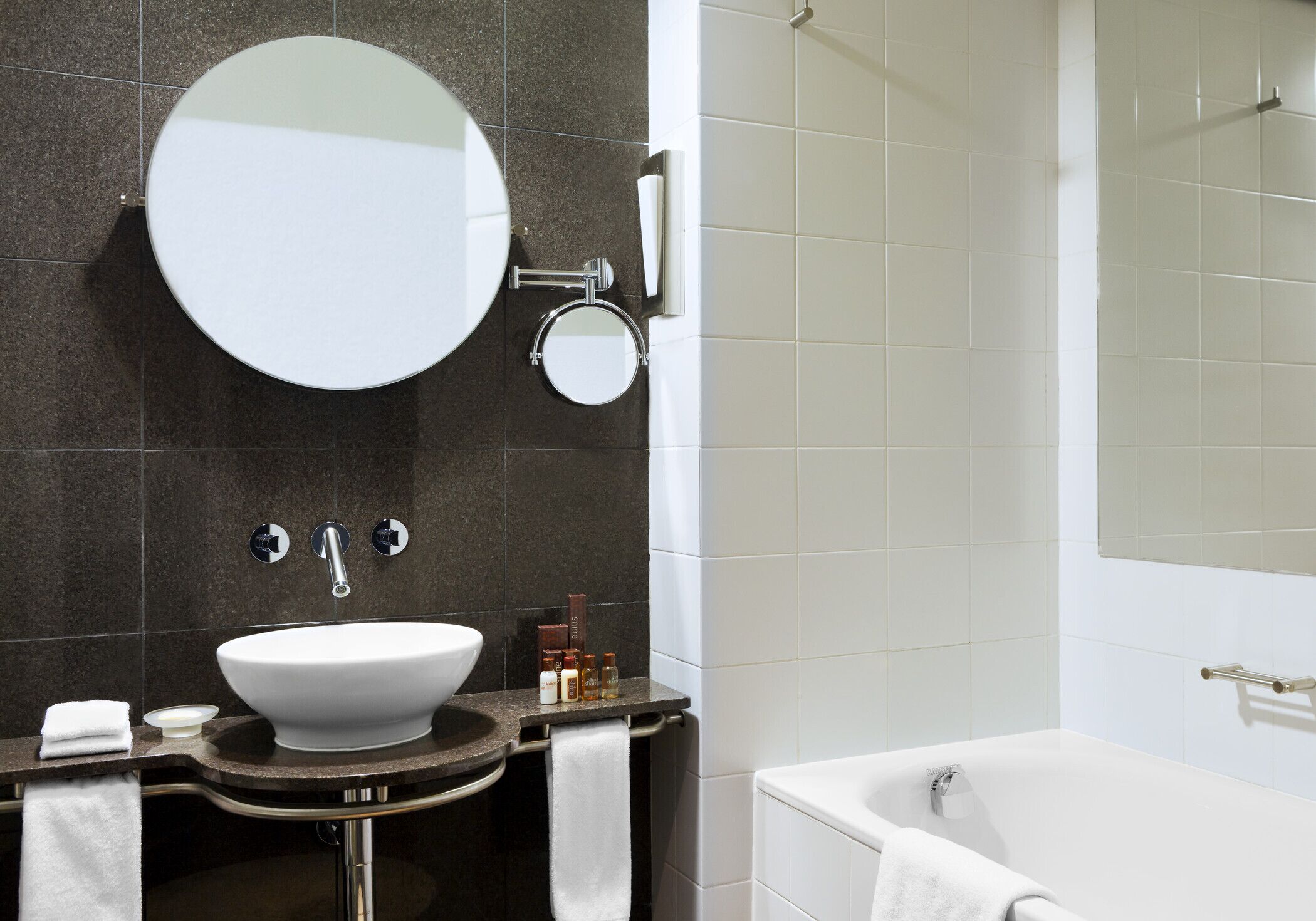 combined shower/bathtub, free toiletries, hair dryer, bathrobes