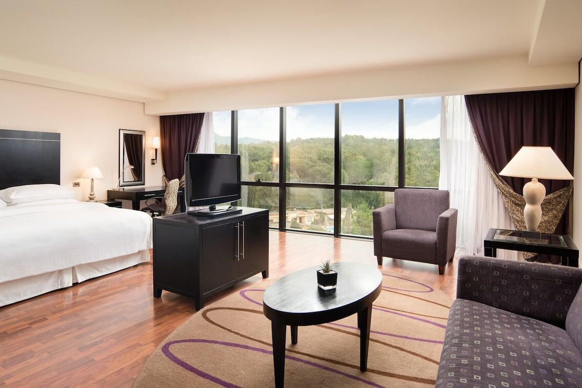 Une chambre d’hôtel comprenant un lit, un bureau avec une télévision, une chaise, un canapé et une grande fenêtre donnant sur l’extérieur.