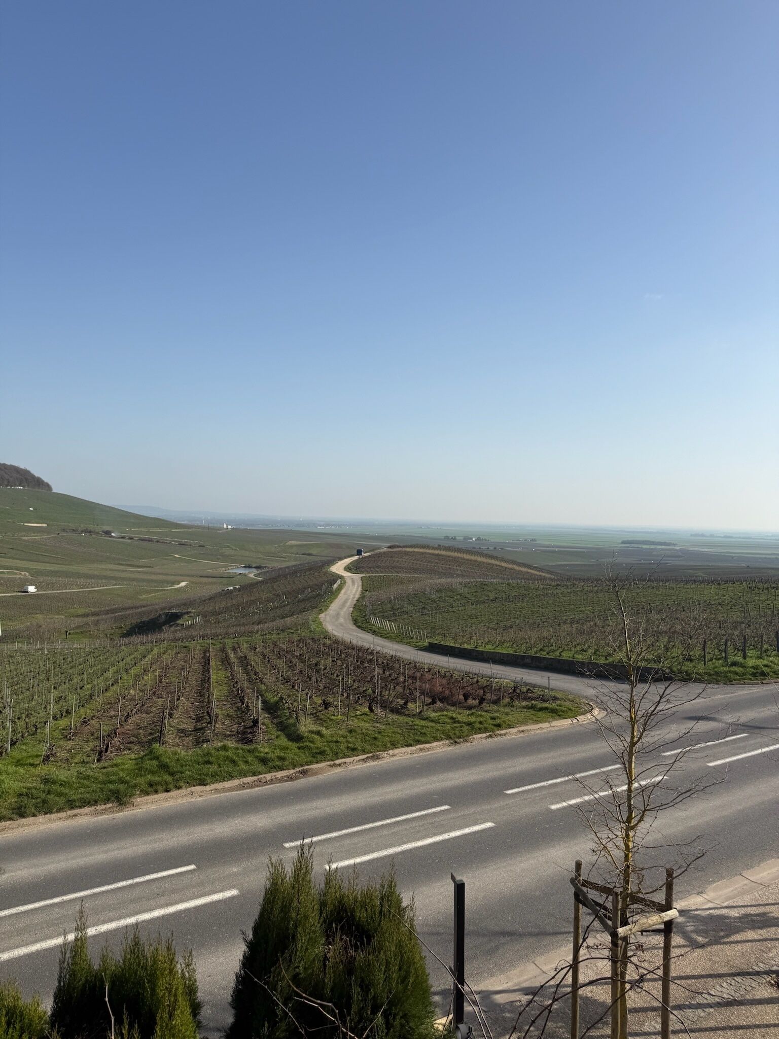Une route sinueuse traversant un paysage rural, avec des champs et un ciel dégagé.