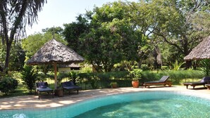 A swimming pool with lounge chairs and thatched umbrellas, surrounded by lush greenery.