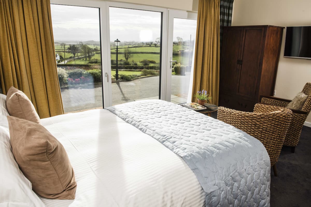A hotel room with a large bed, a chair, a TV, and a view of a countryside landscape through a sliding door.