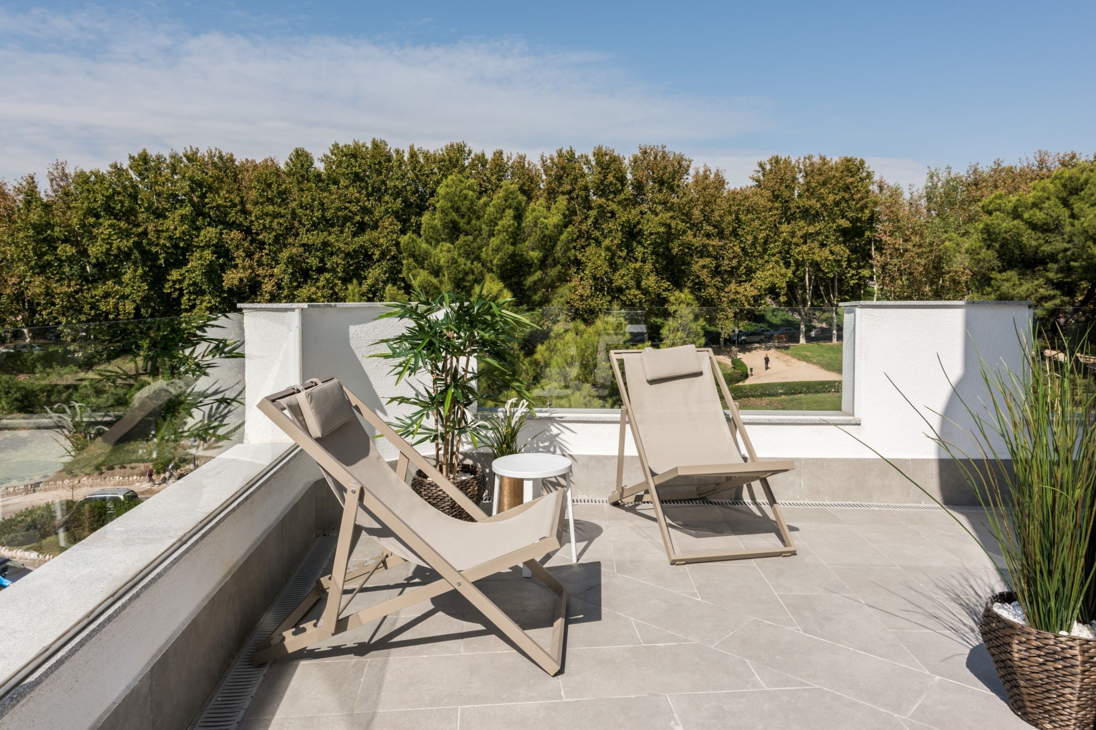 A rooftop terrace with two lounge chairs, a small table, and a potted plant.
