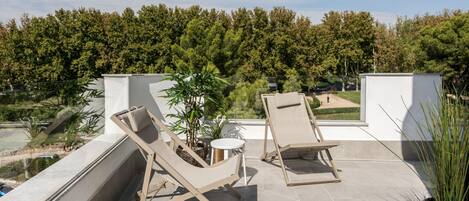 A rooftop terrace with two lounge chairs, a small table, and a potted plant.