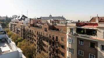 A multi-story building with a brick facade, multiple balconies, and a clear view of a large, historic building in the background.