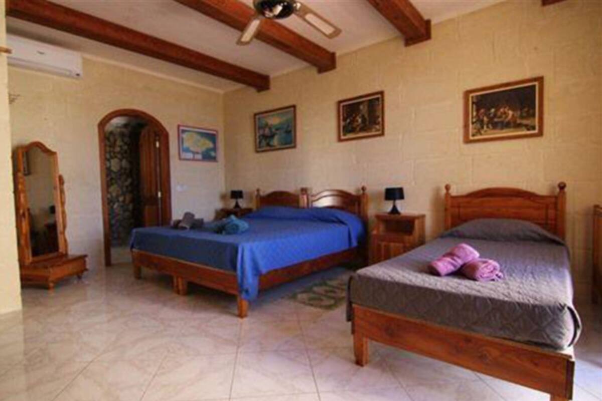 Une chambre avec deux lits en bois, un ventilateur de plafond et un miroir.