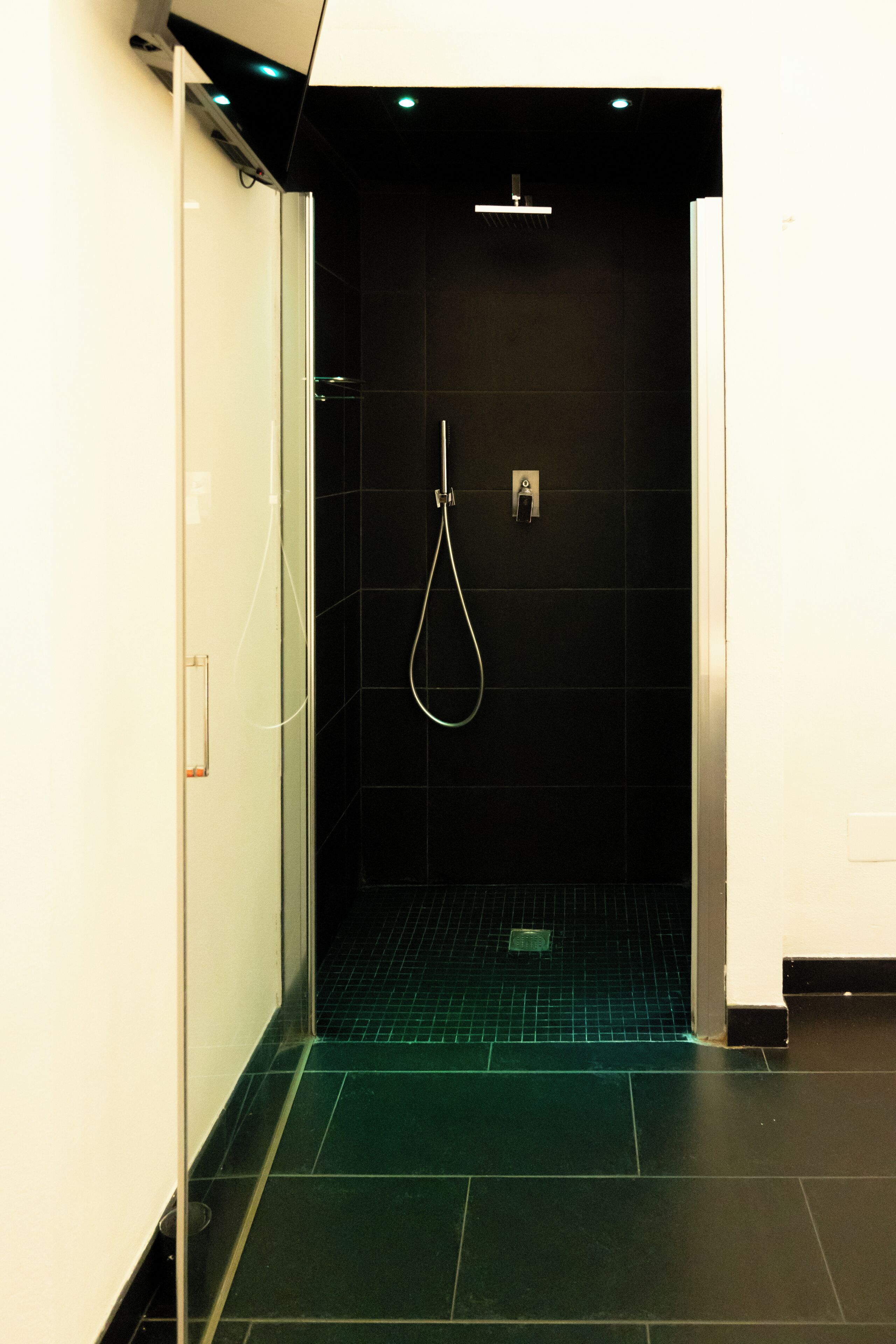 Ein modernes Badezimmer mit Glasabtrennung, einer Dusche inklusive Handbrause und einem dunklen Fliesenboden.