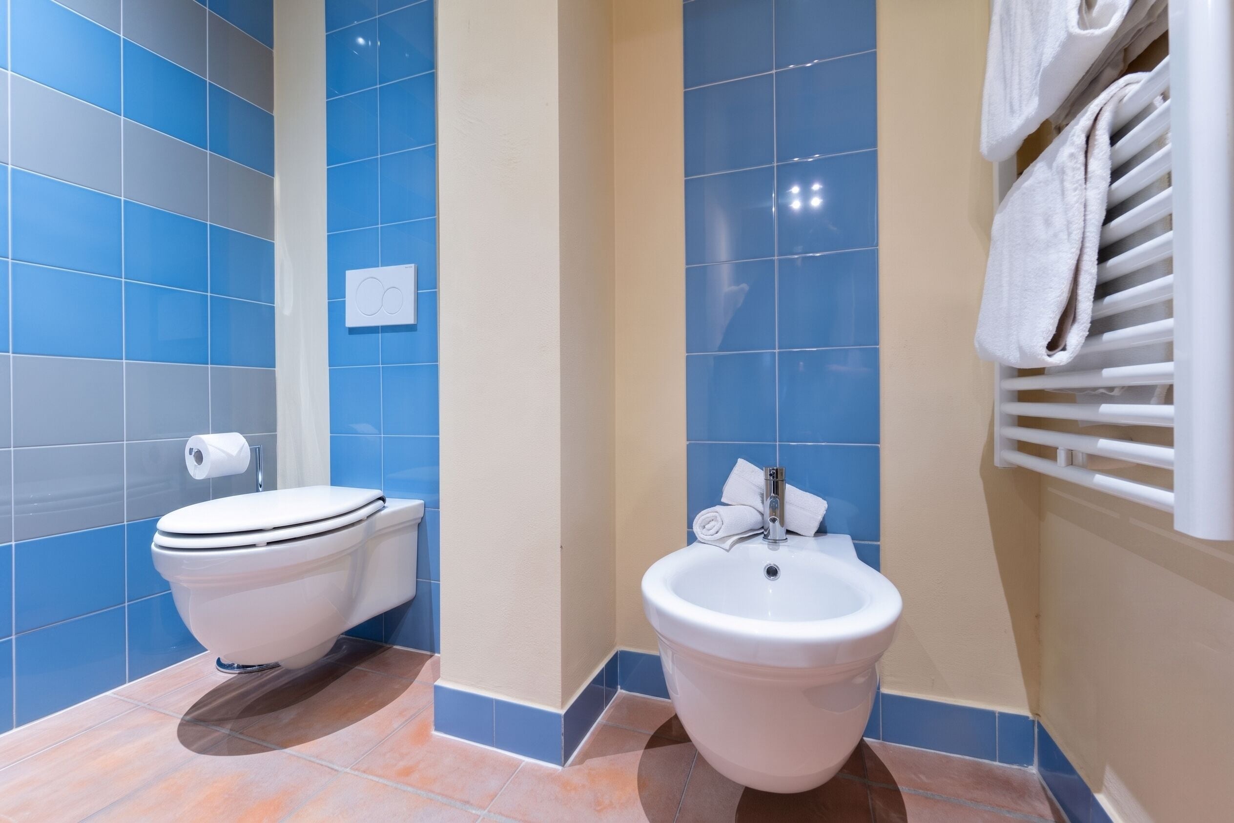 A bathroom with a toilet, bidet, and towel rack.