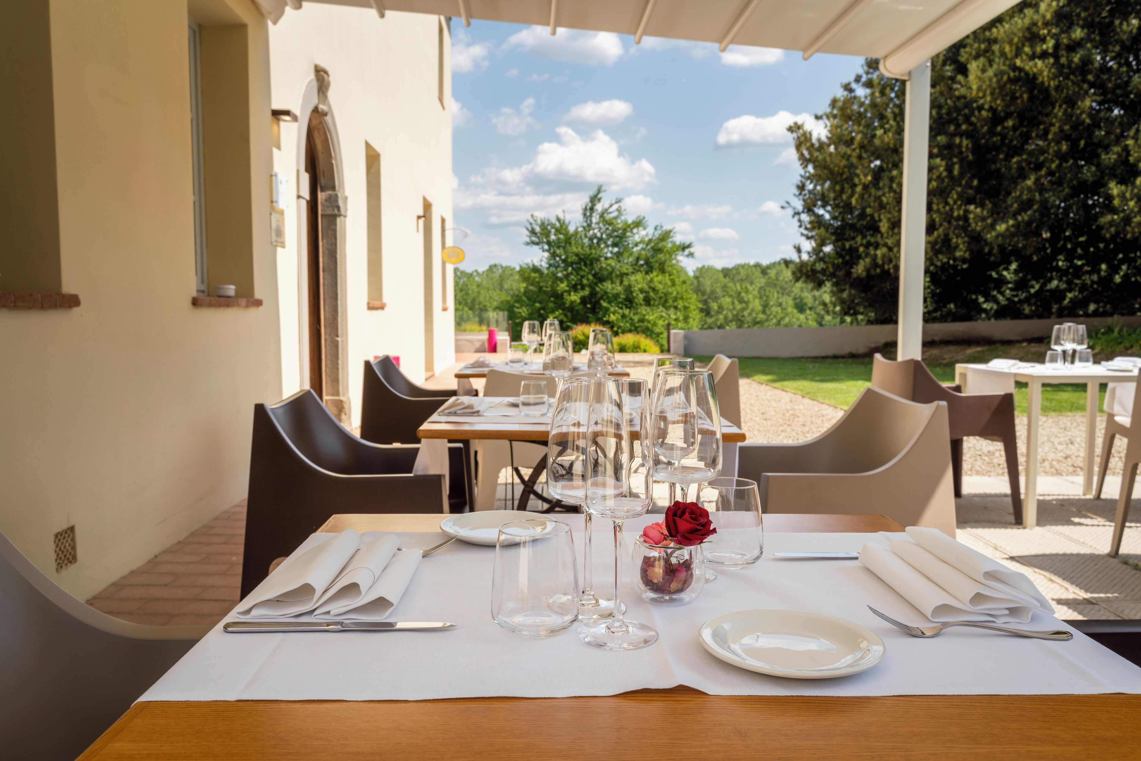 Dinner served, Italian cuisine, garden views 