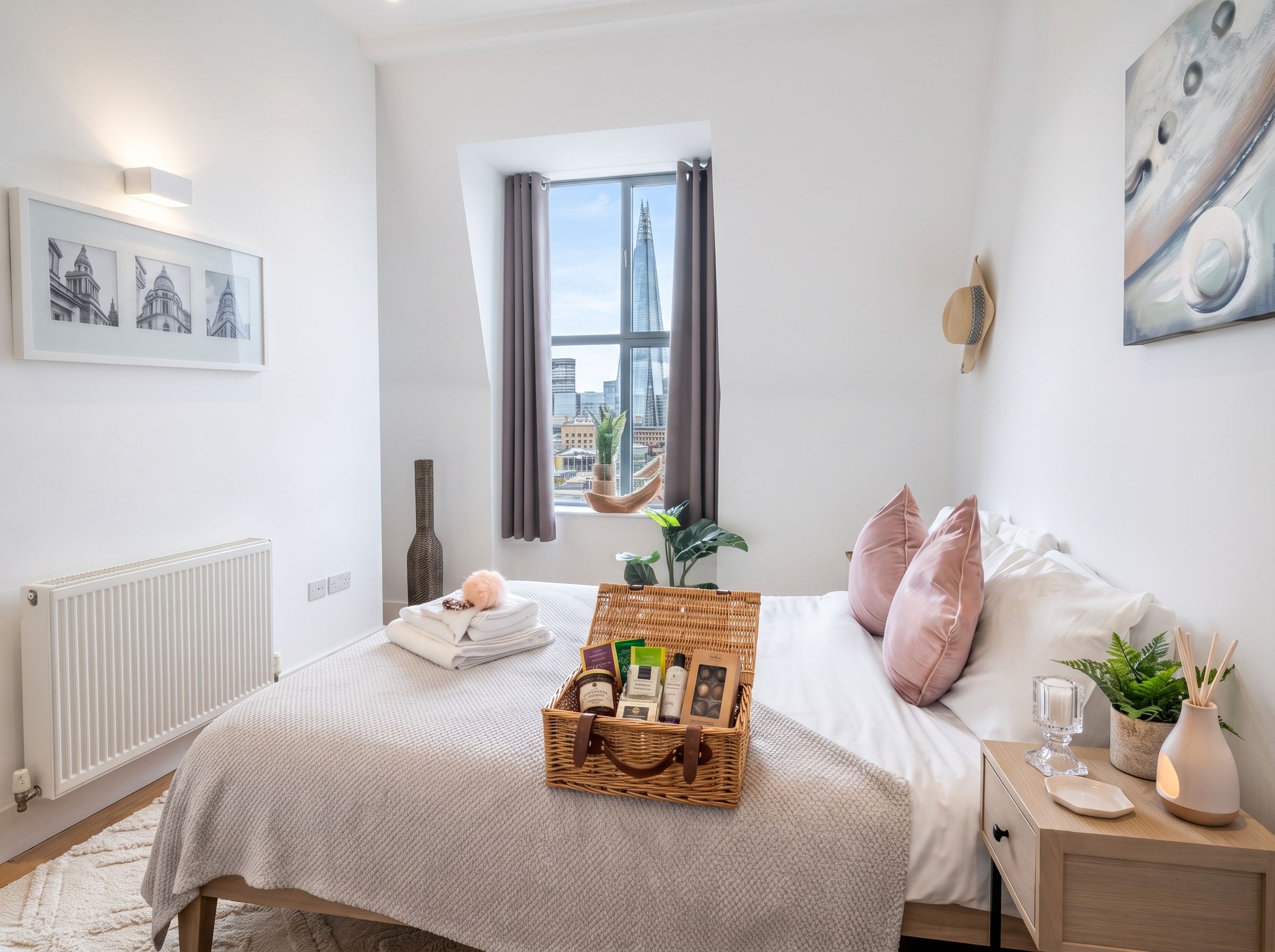 A bedroom with a large window, a bed with pink pillows, a bedside table with a lamp, and a wicker basket on the bed.