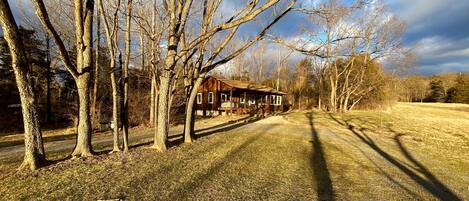 A rustic cabin with a gravel driveway, surrounded by leafless trees and a clear sky.