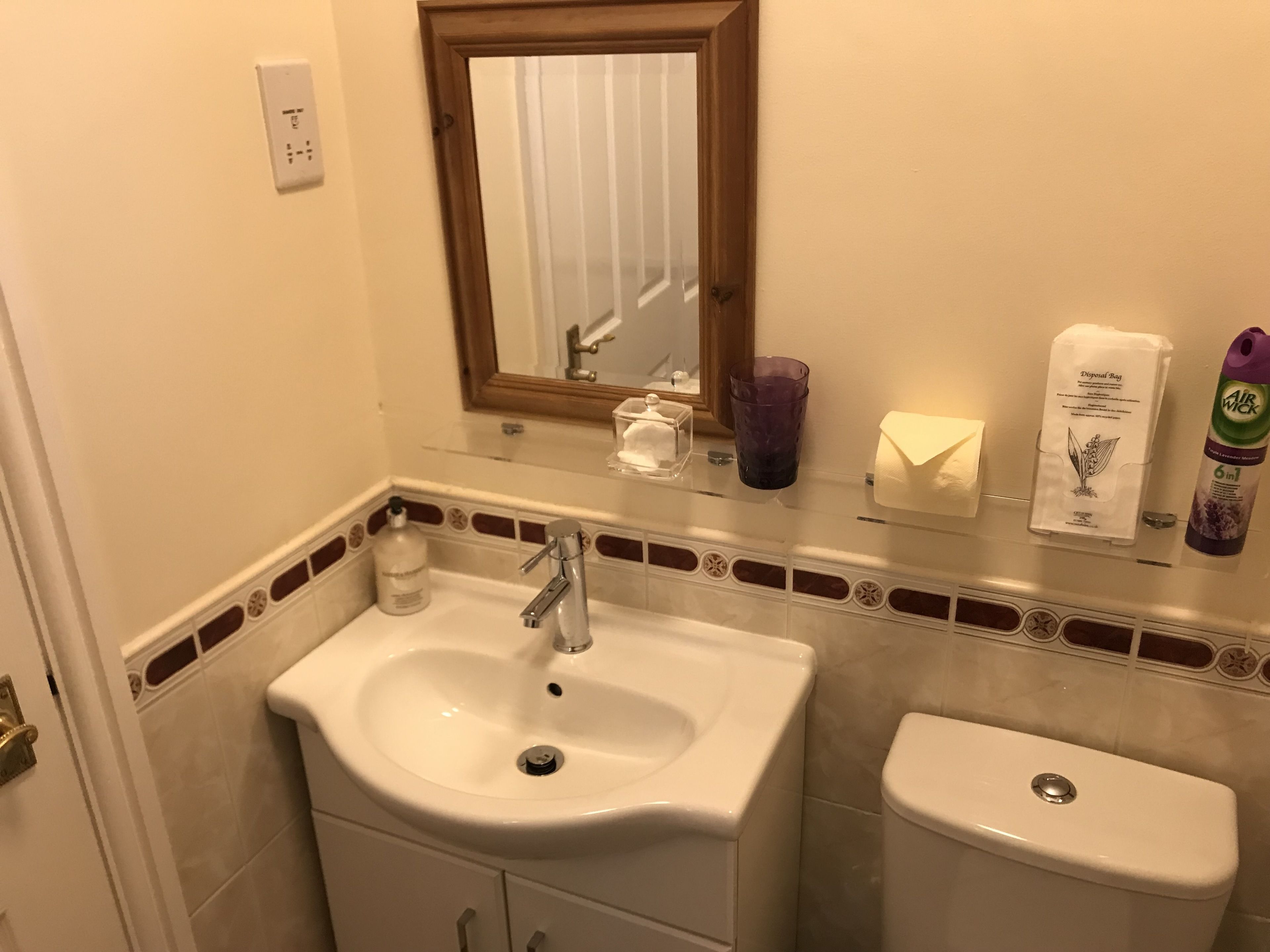A bathroom with a white sink, a mirror, a toilet, and a shelf with toiletries.