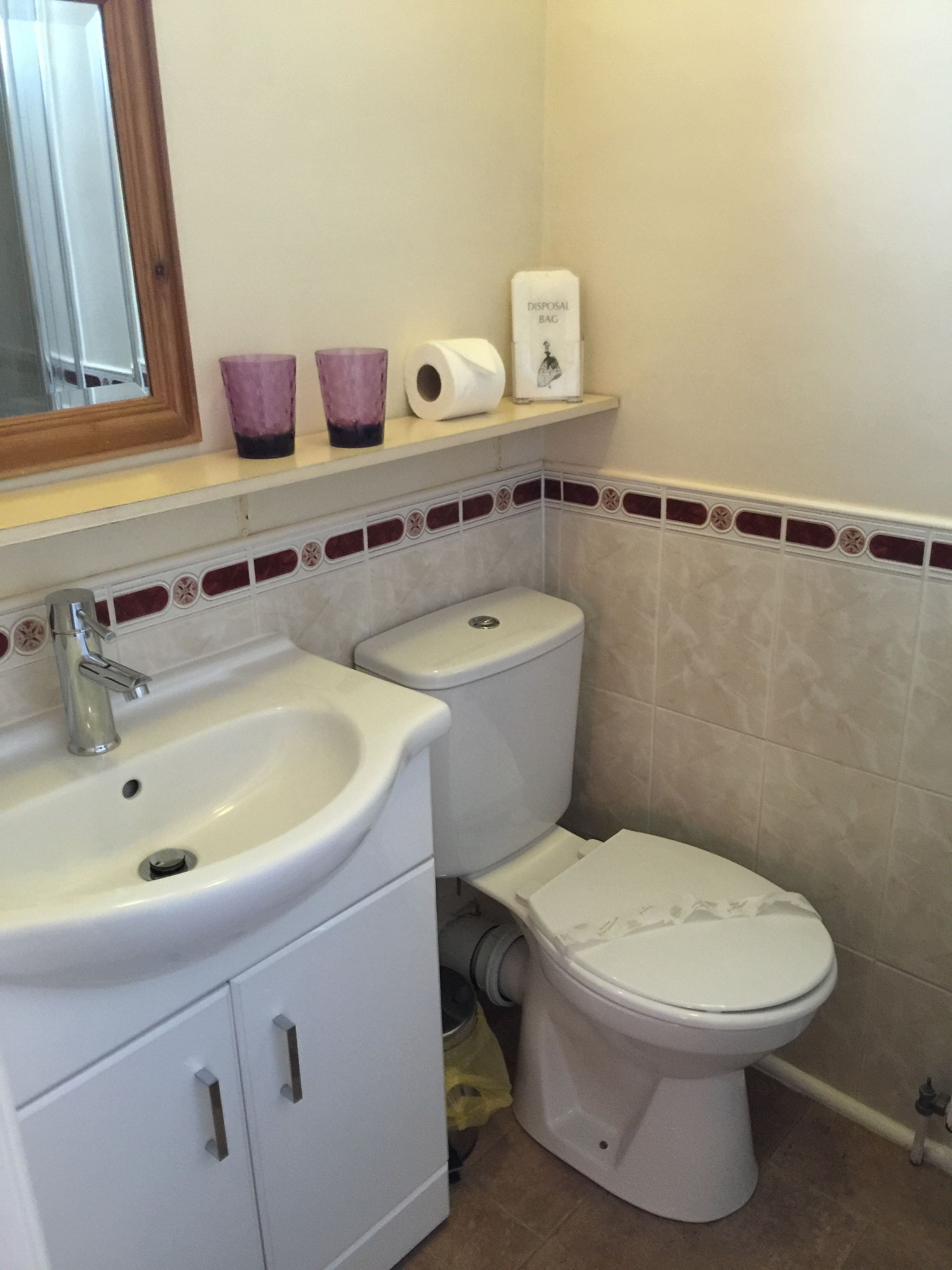 A bathroom with a white sink, a toilet, and a mirror above the sink. There is a shelf with a roll of toilet paper and a trash can.