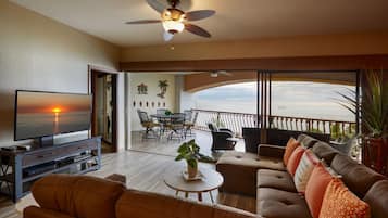 Smart TV, DVD player, books, music library